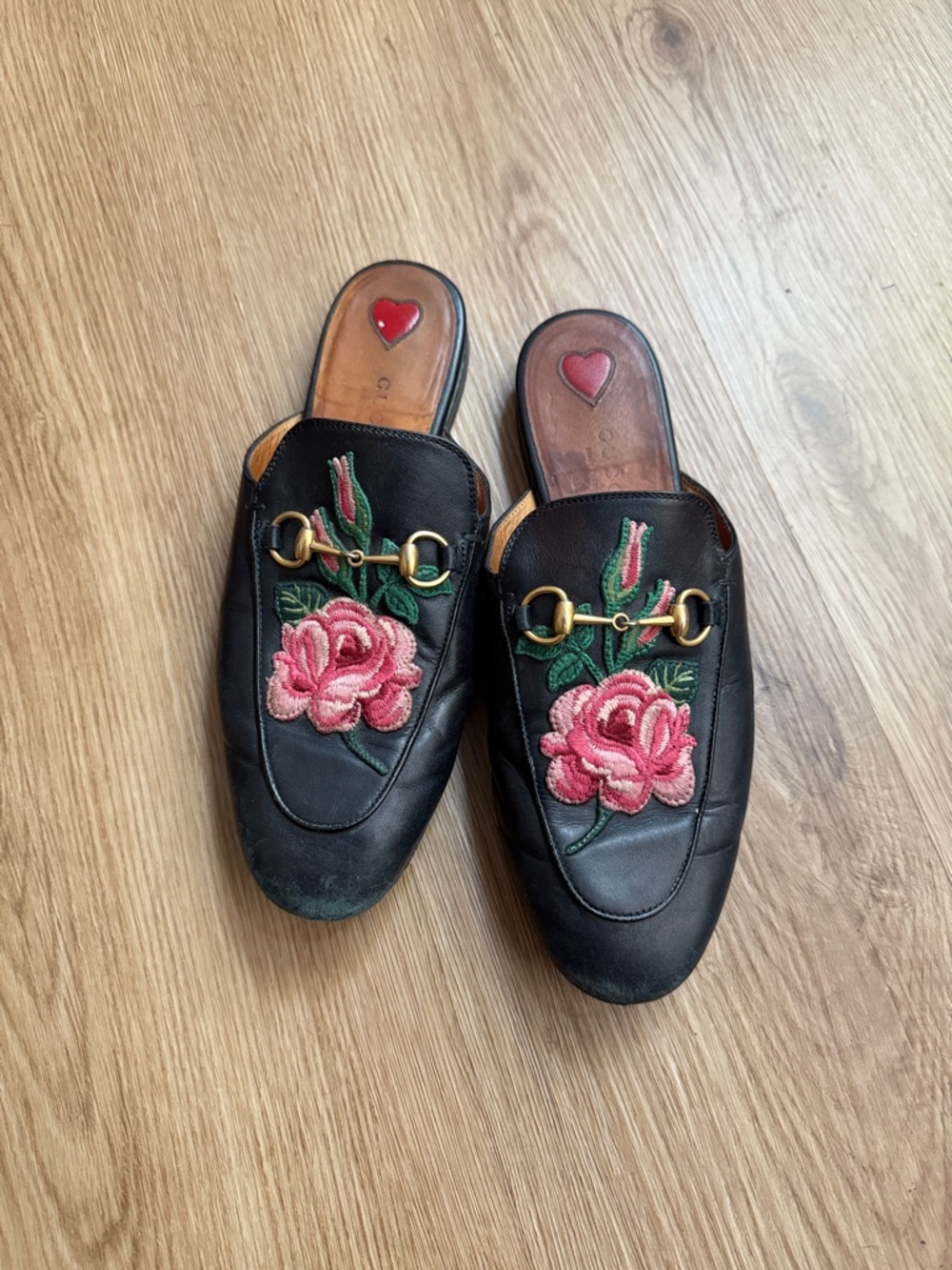 Gucci Black Leather Backless Mules with Pink Rose Embroidery